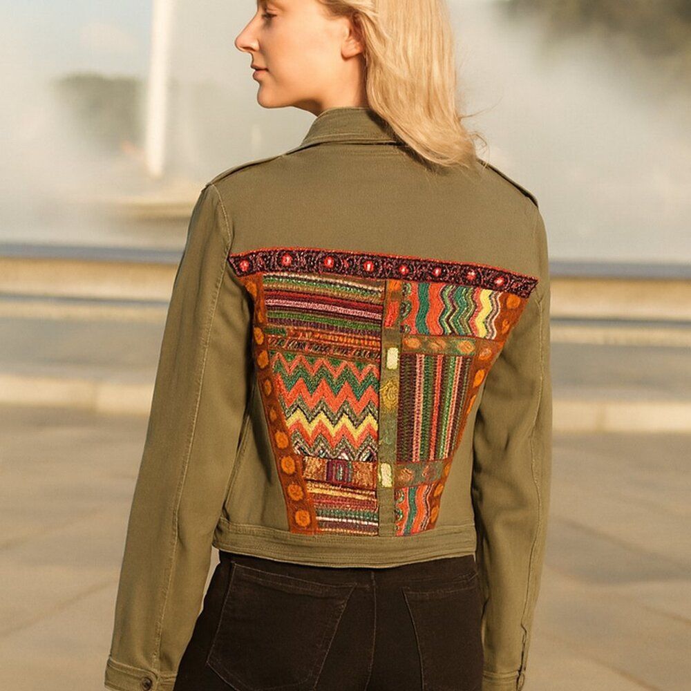 Wonderly Army Green Boho Unique Embroidered Crop Jacket Large Junior